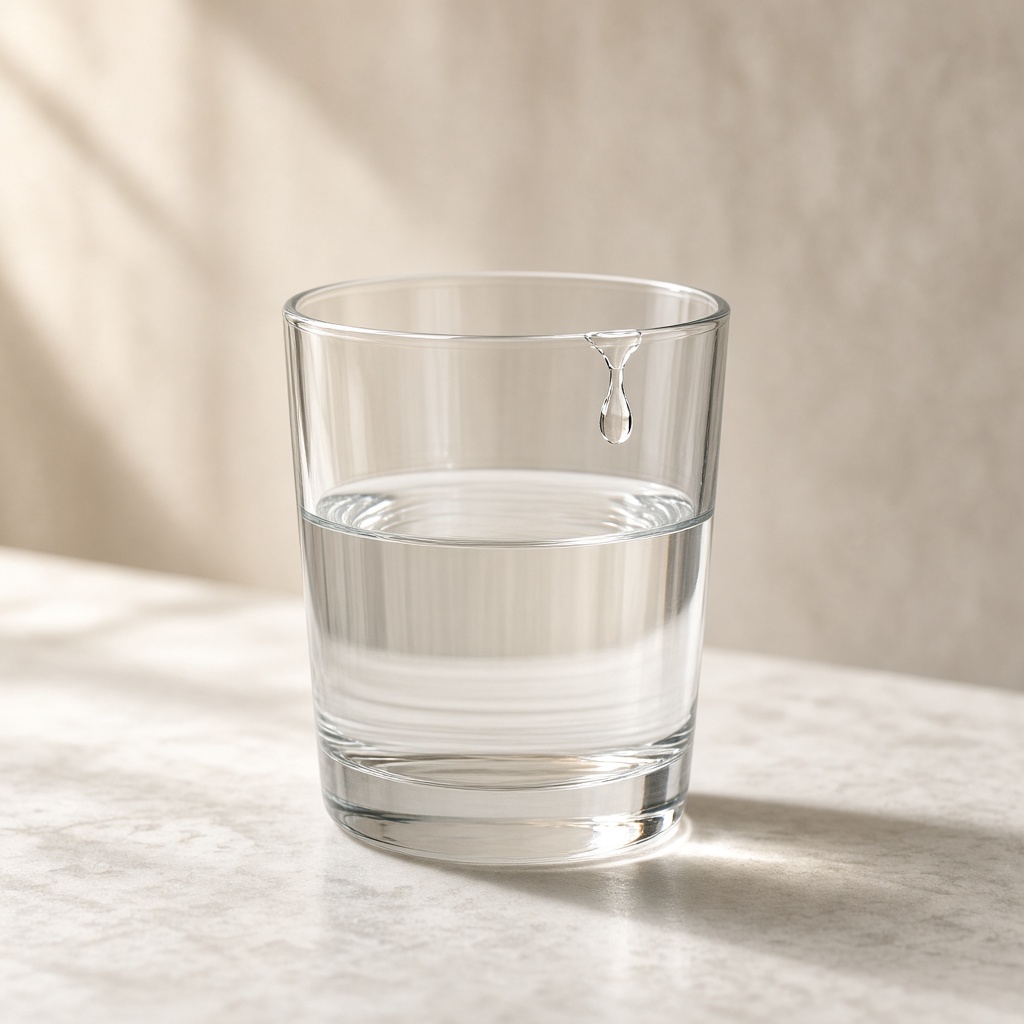 Vaso de agua a la luz, sobre piedra clara.