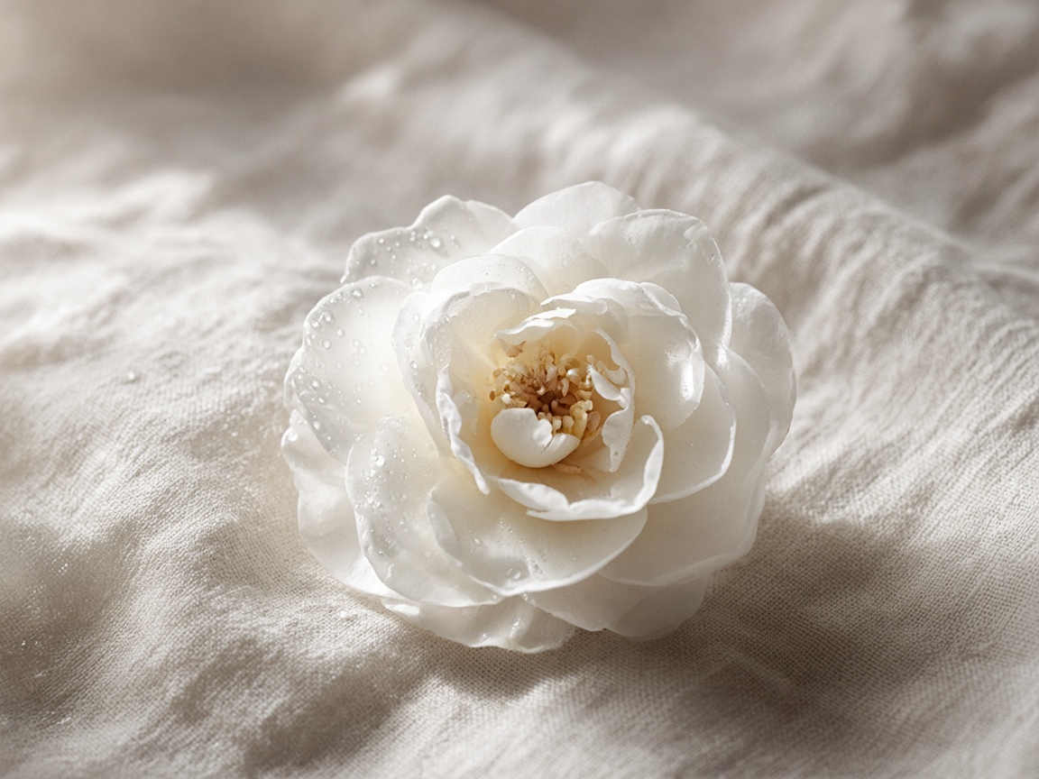 Camelia blanca con gotas de agua sobre lino.